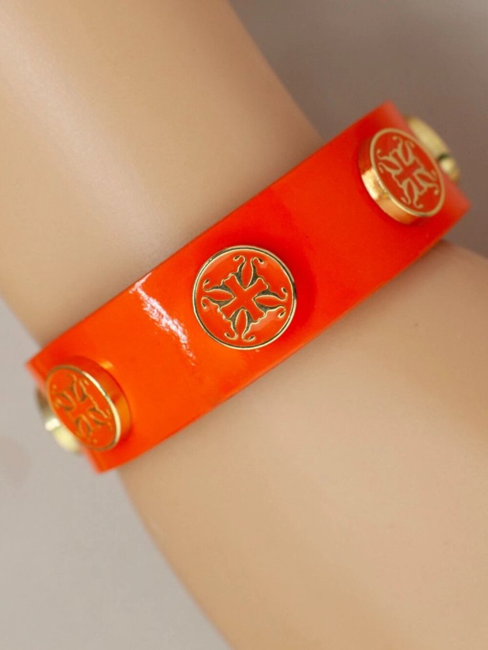 Rustic Cuff Orange Leather Snap Bracelet Gold Medallion Boho Festival Stackable - Picture 2 of 5